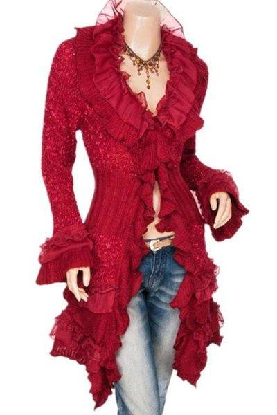Sweet Red Cardigan Ruffled Collar Long Sleeve Fall Cardigan for Women Ready for Shipping