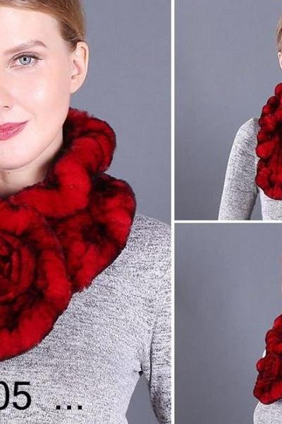 Rsslyn Real Rex Rabbit Fur Red Scarves with Rose Very Soft Material and Warm Neck Warmers for Elegant Lady Red Ruffle Mufflers