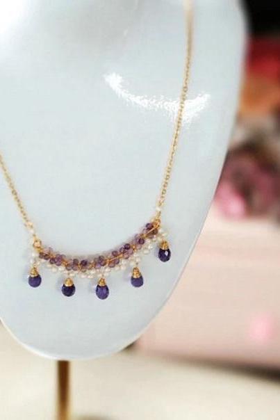 Rsslyn Fashion Trend Small Pearls with 5 Beaded Golden Chains Pretty Purple Necklaces for Women 