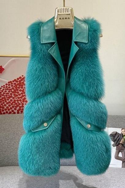 Rsslyn Genuine Fox Fur REAL Leather Gilet Turquoise Color Free CC Brooch
