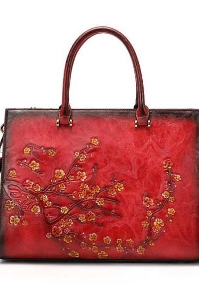 Rsslyn Free CC Brooch Laptop Bags for Women Genuine Leather Bags Embossed Flowers Red Purses