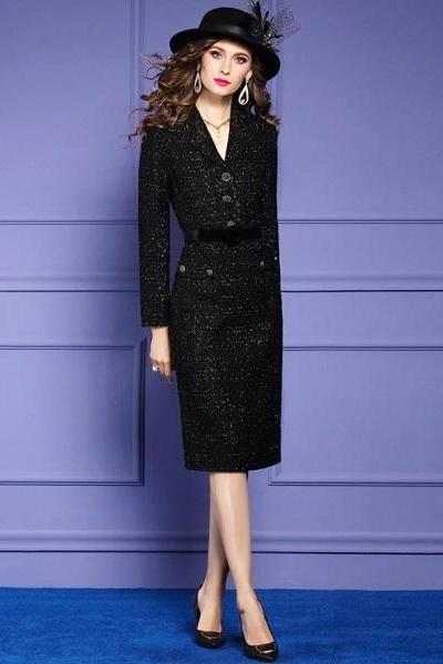 Rsslyn Free CC Brooch High Quality Tweed Dress Coat Black Trench Coat for Women-Women's Black Coat