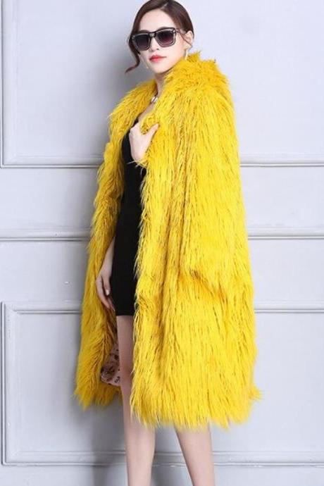 S-5XL Thicker Yellow Overcoats for Women Faux Lamb Fur Coats for Women-Birthday Gift for Wife-Bright Yellow Trench Coats