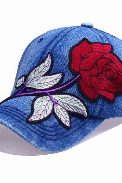 Rsslyn Denim Hats Accessories for Women Embroidery Red Rose Denim Fashion Hats