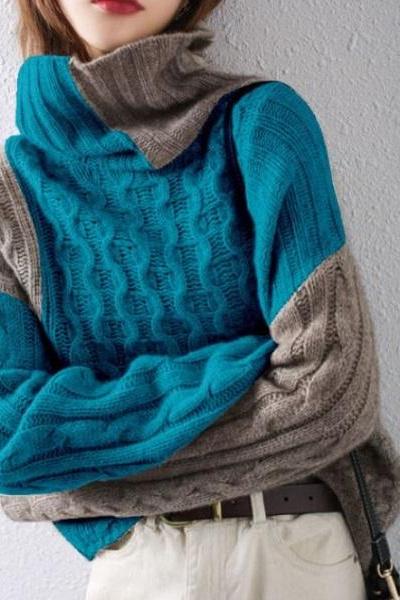 Rsslyn Turtleneck Sweaters Knitted Turquoise Sweaters Geometric Teal Color Sweaters for Women