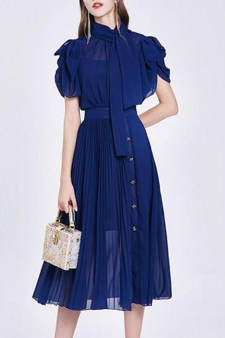 Rsslyn Navy Blue Maxi Dress for Modest Woman Navy Blue Turtleneck Dress for Women Elegant Dress Chiffon 