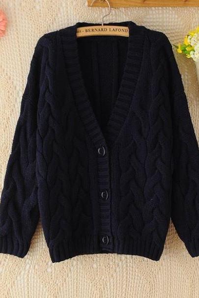 Navy Blue Sweater for Women-Stripe Thick Sweaters for Women Blue Cardigan