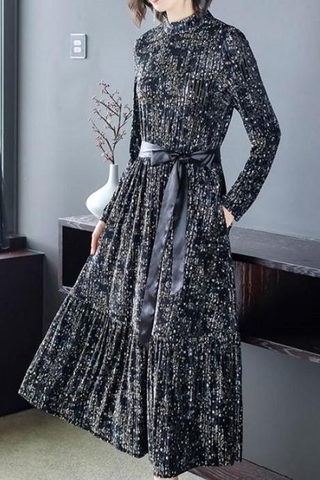 Rsslyn Mandarin Collared Black Thermal Dress for Women Under Your Coat Black Velvet Floral Dress for Fall Winter