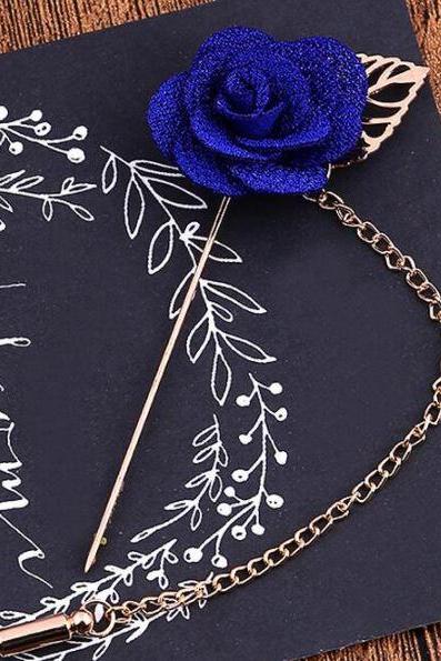 Brooch and Pins for Men Royal Blue Rose Flower Wedding Blue Motif