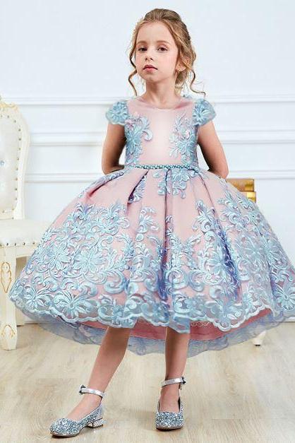 Quinceanera Dresses for Tween Girls Blue Dress Embroidery Laced Gowns for Little Princesses with Silver Tiara