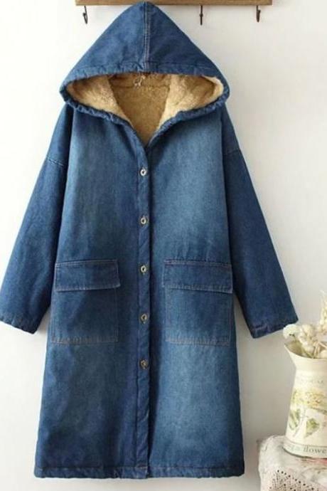 Super Loose Hooded Solid Denim Fur Coats Denim Blue Long Denim Overcoats for Adult Women Plus Sizes Big Women