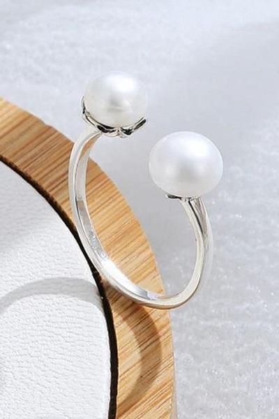Rsslyn White Pearl Rings Authentic 925 Sterling Silver Rings Double Pearls Parcel Jewelry for Women