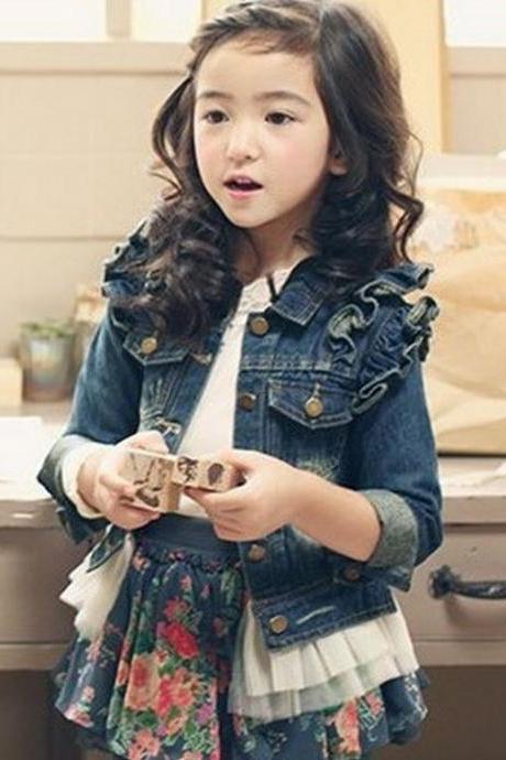 5T Denim Jacket with Pearls and Ruffles for Toddler Girls