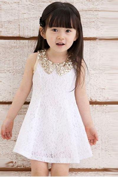 Golden Sequined Collar 2t White Dress Classic Dress for Flower Girls-Wedding Dress for Flower Girls