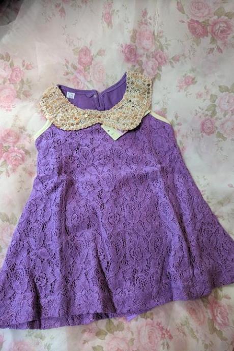 Purple Dress for Little Girls with Golden Peter Pan Collar-Purple Party Dress