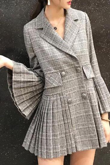 Ready to Ship Houndstooth Blazers for Women Pleated Gray Blazers High Quality Plaid Jackets for Women