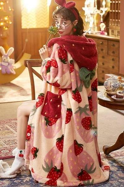 Rsslyn Warm Robes Strawberry Pattern Thick Flannel Nightdresses-Home Clothes