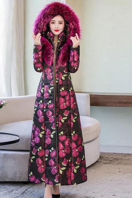Rsslyn Luxury Long Parka with Free Designer Brooch Hooded Purple Parkas for Women