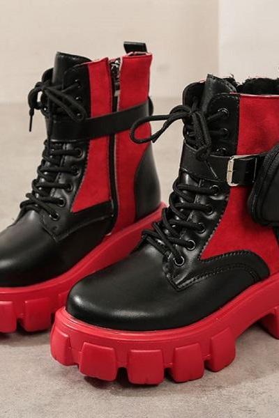 Rsslyn High-Top Shoes Bulldog Style Teenage Girls and Women Footwear Red Boots with Small Wallet