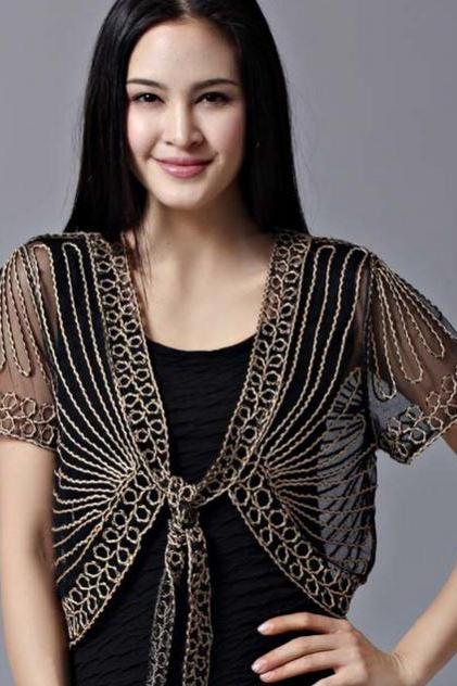 Rsslyn New Black Blouse Fashion Black Shrug for Women Formal Wear Embroidery Laced Trims-Wedding Tops for Mother of The Bride-Plus Size Bolero 4XL-8XL