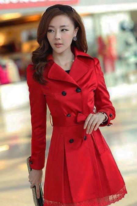 Large Size Red Trench Coats for Women Free Ship and Ready to Ship Red Dress Jacket with Laces