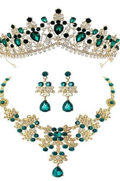Rsslyn Tiaras for Women Headpiece Matching Earrings and Necklace Green Jewelry Set