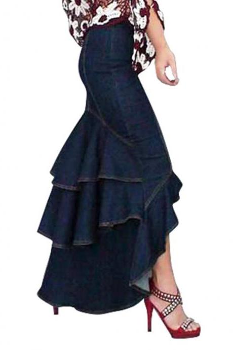 Rsslyn Size 6-8 Long SkirtvSkirts Fashion Denim Skirts for Women with Free Denim Sizes S-2XL Ruffled Skirts with a Dove Tail Ruffled-Denim Mermaid Skirts