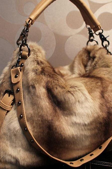Large Brown Beige Khaki Brown Purse Shoulder Bag-Large Bags-Rabbit Fur Bags-Rabbit Hair Soft Messenger Bags