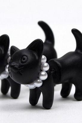 Womens Black Cat Earrings Double Stud Earrings Cat with Pearl