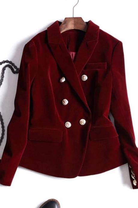 High Quality Velvet Burgundy Jackets Free Shipping Red Coats for Women Red Blazers Red Wine Color Winter and Fall Season