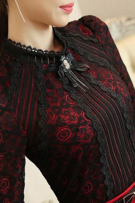 S,M,L,XL Black Blouse with Laces Long Sleeve Mandarin Neckline