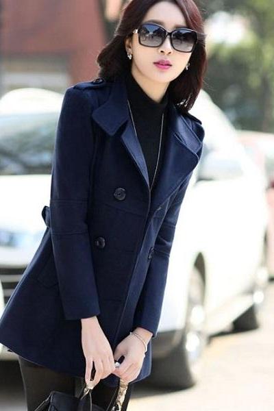 Large Navy Blue Jacket Winter Fashion Wool Coat for Women