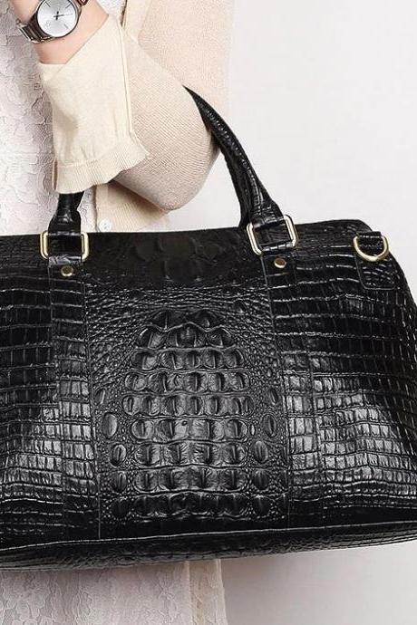 Vogue Black Leather Bags for Women Black Genuine Leather Traveling Bags for Women Embossed Croc Skin Leather Bags