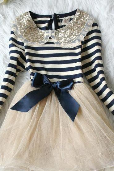 Blue Dress with Ivory Stripes Dresses for Girls
