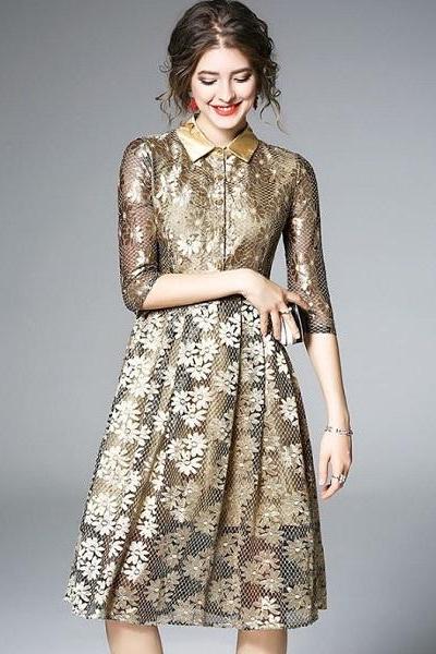 Rsslyn New Hollow Lacy Dress with Golden Lining Golden Dress for Women