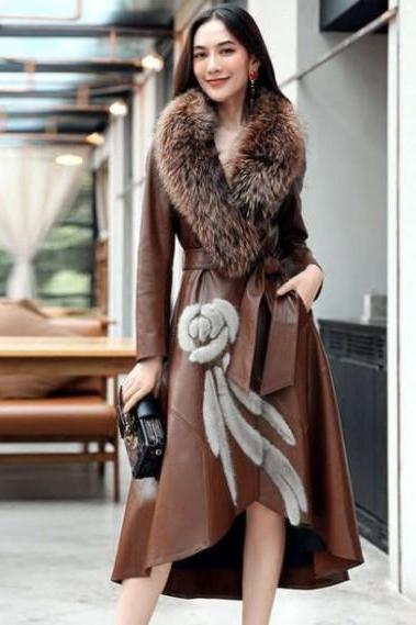 RSS Boutique Luxury High Quality Brown Leather Trench Coats Fox Fur Women's Leather Coats