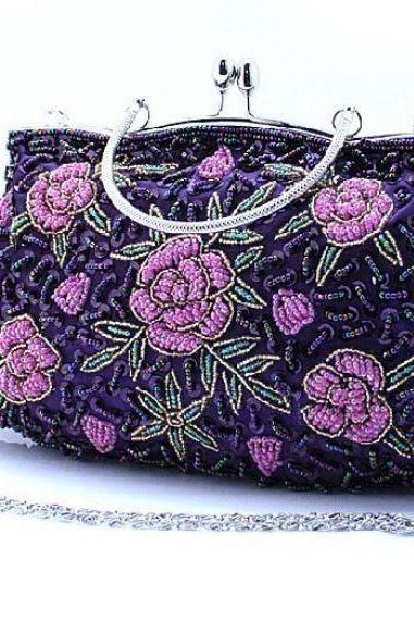Purple Evening Shoulder Bag Beaded Clutch For Women