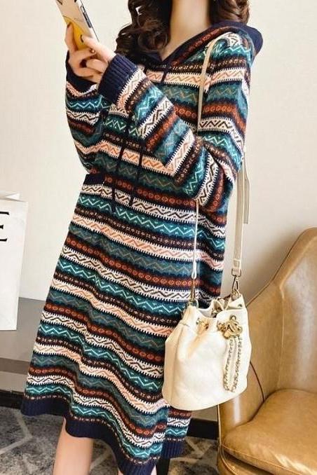Rsslyn Long Sweater Dress for Women_Stripe Pattern_Navy Blue Hoodies for Women