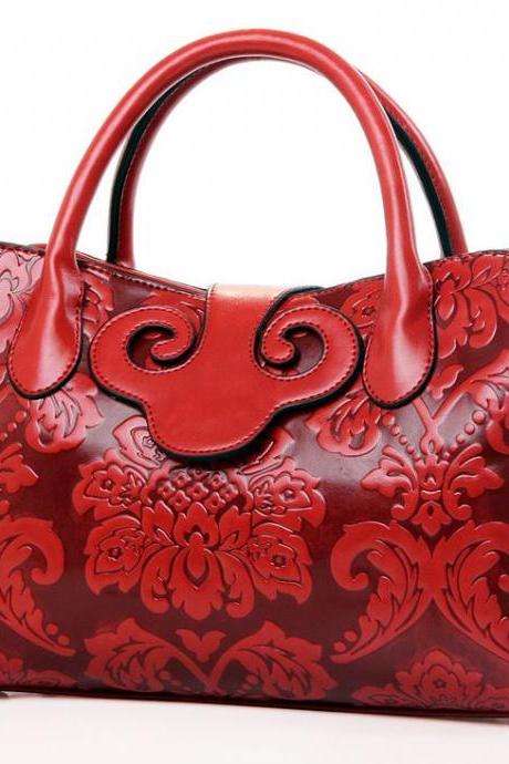 Red Tote Bag with Unique Embossed Design Red Leather Bags for Women