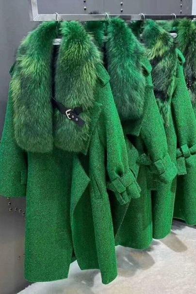Rsslyn Luxury Coats Tweed Real Fox Fur Oversized Fox Collar Free 2pc CC Brooches