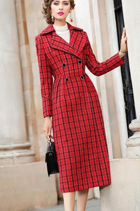 Rsslyn High-Quality Checkered Blazers Long Trench Coats for Women Office Work Outfit Red Plaid Windbreaker Coats
