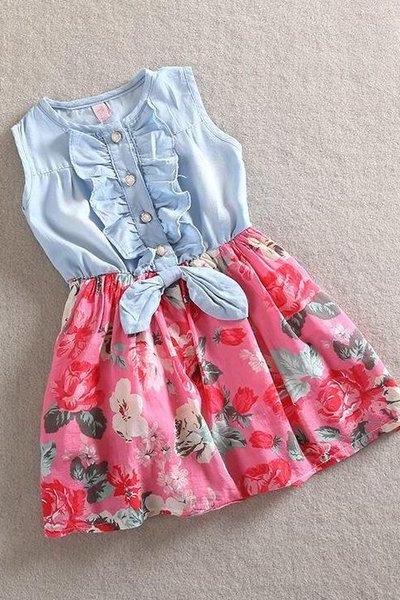 4T Hot Pink Girls Denim Dress Floral Prints Summer Spring Sleeveless Magenta Dress Toddler Girls Dress