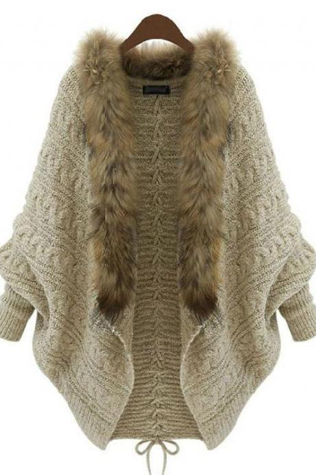 Knitted Cardigan for Women Oatmeal Color Winter Batwing Sweater with Fur Collar