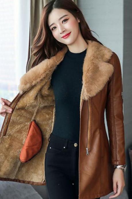 Slim Fit Very Soft Fur Lining Brown Leather Jackets FREE SHIPPING Medium Size Brown Leather Trench Coats for Women