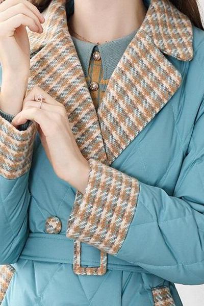 Rsslyn Only Blue Parkas with Fashion Checkered Collar and Wrist