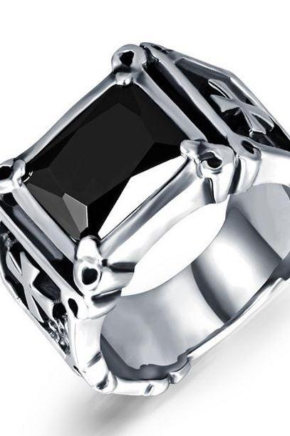 Big Black Rings for Men Antique Style Stainless Steel Rings Engraved Cross