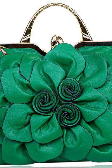 Green Bag Green Shoulder Bag with Big Flower Leather Handbag for Luxury Women