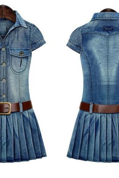 Rsslyn Womens Fashion Dresses with Wide Leather Belt L/XL Size Denim Dress Low Waisted