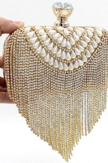 Luxury Bridal Evening Golden Clutch Vintage Pearl Rhinestone Tassel Shoulder Bag