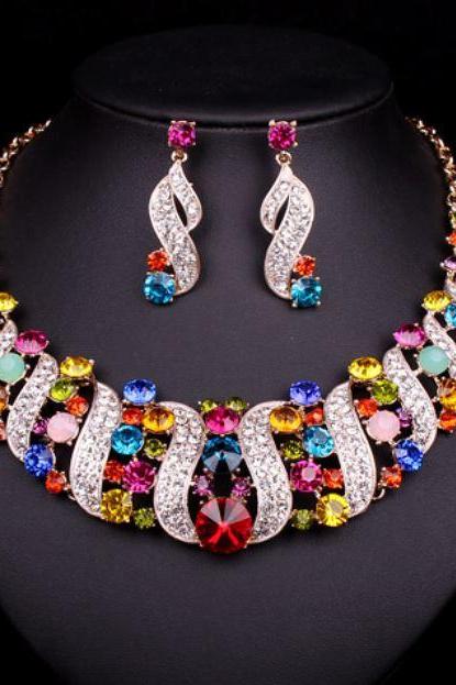 Womens Multi-color Jewelry Sets Statement Choker Necklace Mother of the Bride